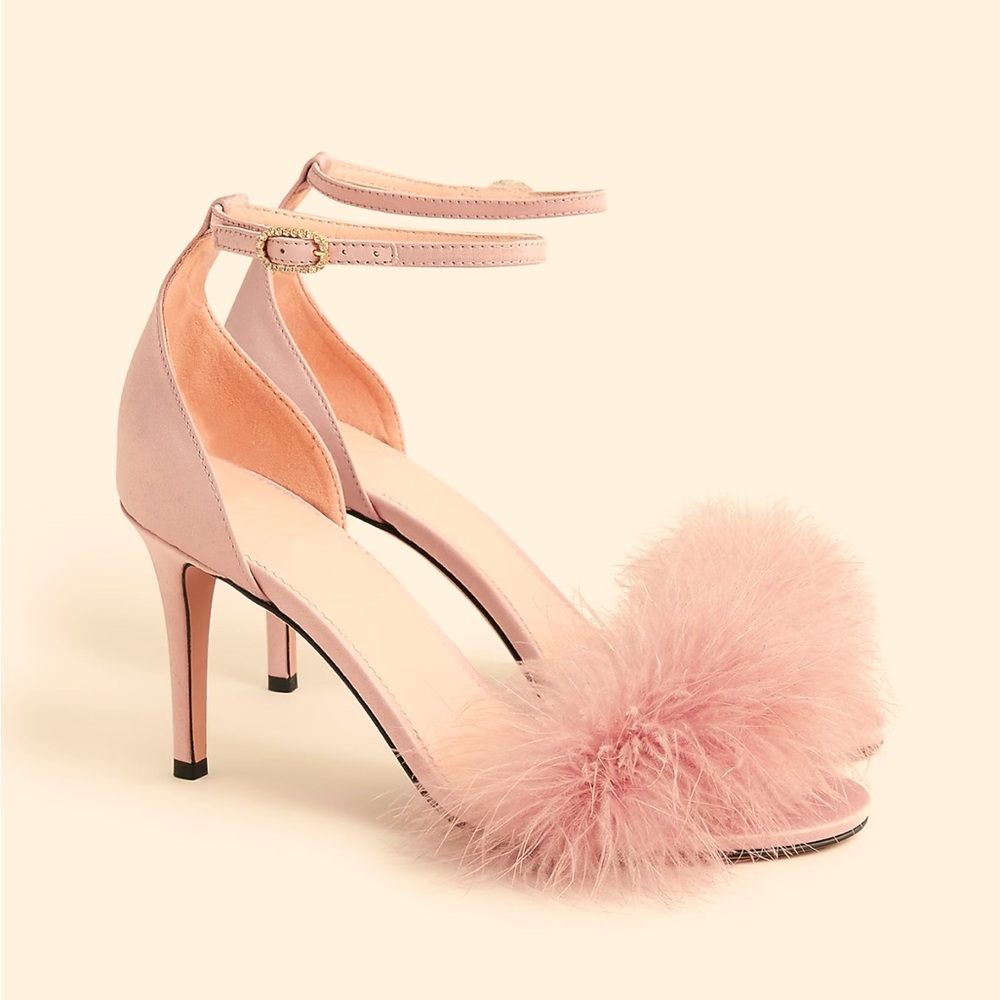 NIB JCrew 6.5 Rylie satin embellished feather pink heels - feminine and flirty!